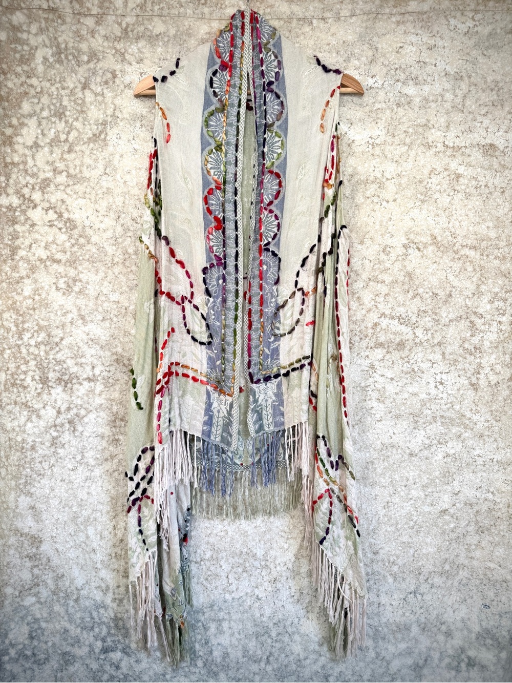 John Mark Embroidered Fringed Waterfall Sleeveless Boho Vest - Large